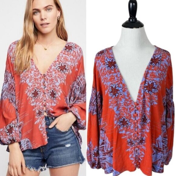 Free People Birds of a Feather Button up Blouse Blouson Sleeve Top Small - Picture 1 of 8